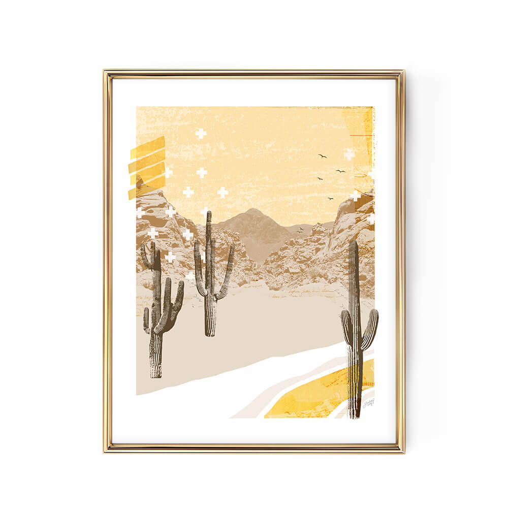Abstract desert landscape collage art print by Lindsey Kay Collective – western wall art with cactus design created from vintage paper – available in blue or yellow color palettes – perfect for desert homes, cabins, or rustic gallery walls – printed on enhanced matte paper with vibrant inks – available in multiple sizes